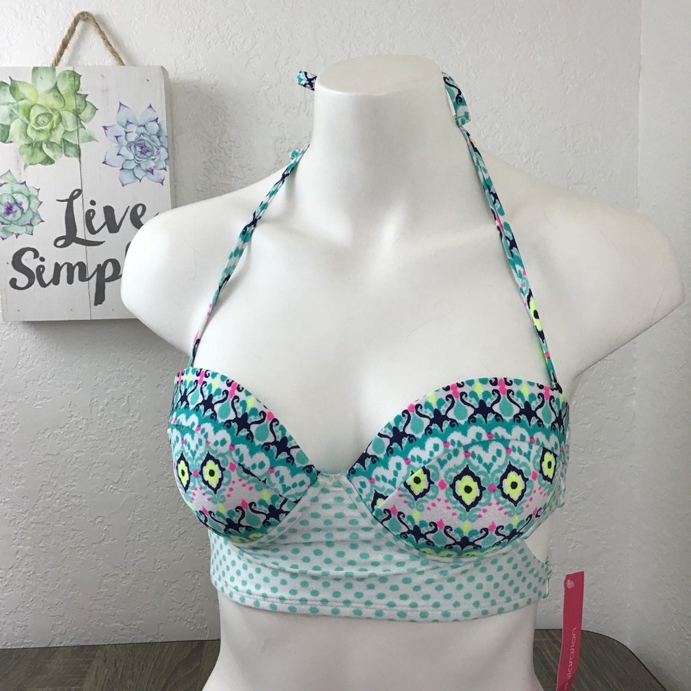 Xhilaration Padded Underwire Bikini Top Teal Green Pink Geometric Pattern NWT